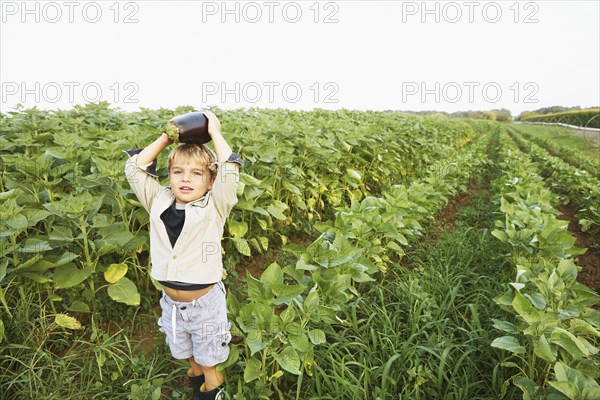Caucasian boy picking vegetables in field