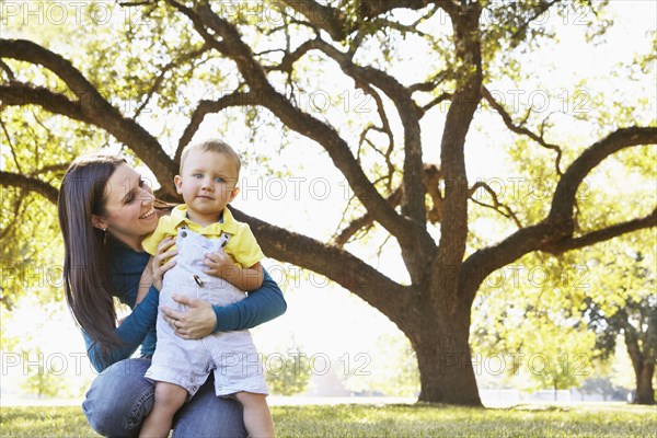 Caucasian mother and son in park