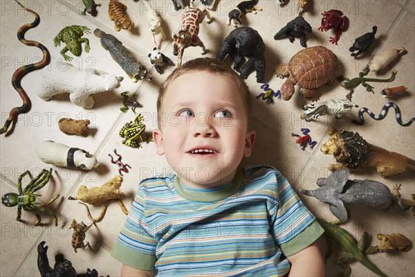 Caucasian boy surrounded near toy animals