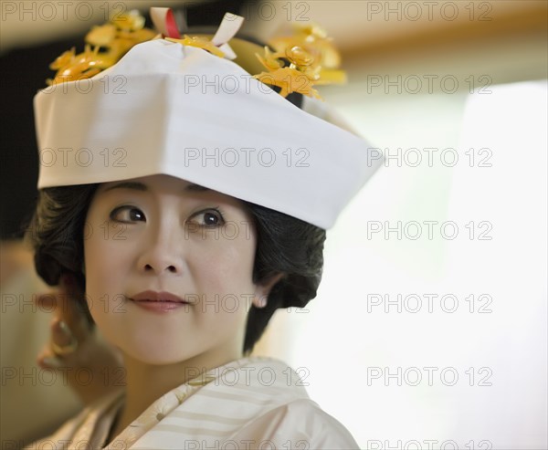 Close up of Japanese bride wearing traditional clothing