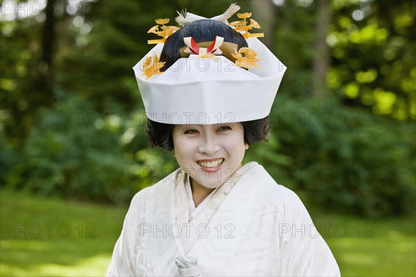 Close up of Japanese bride wearing traditional clothing