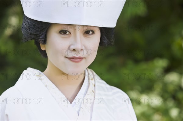 Close up of Japanese bride wearing traditional clothing