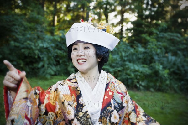 Close up of Japanese bride wearing traditional clothing