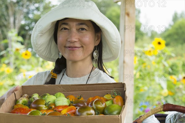 Japanese farmer harvesting produce on farm