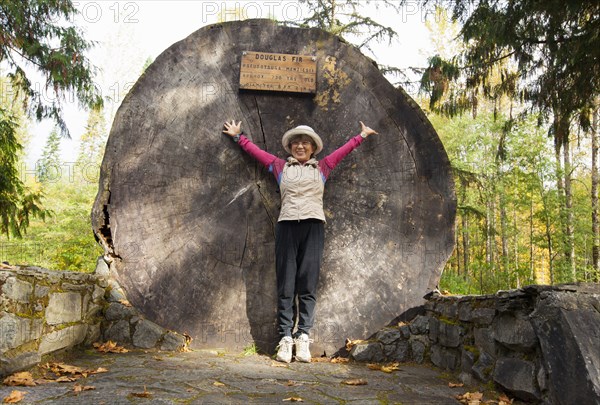 Japanese woman standing by massive tree stump in forest