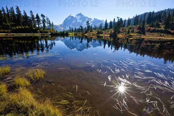 Mountain and hills reflecting in still lake