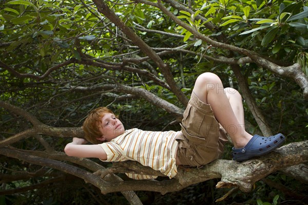 Caucasian boy relaxing in tree