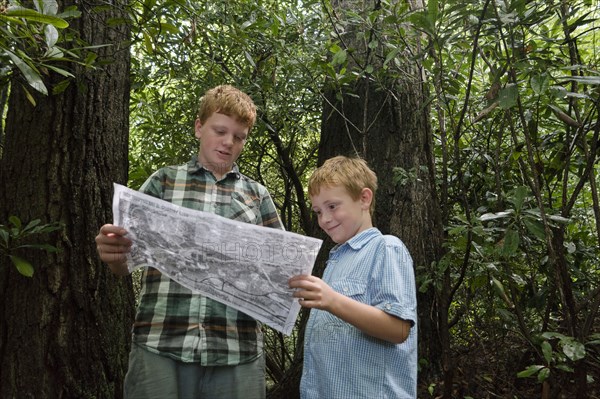 Caucasian boys reading map in forest