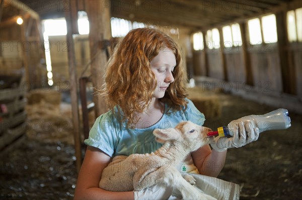 Caucasian girl feeding bottle to lamb