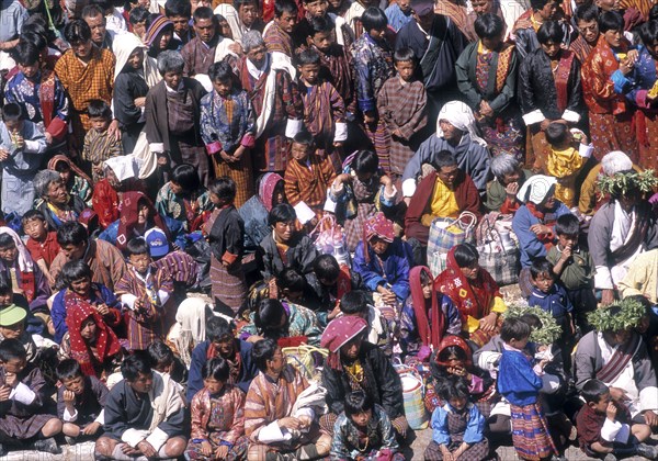 Overhead view of crowd celebrating Paro Festival