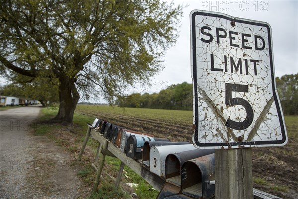 Speed limit sign and mail boxes on country road