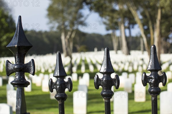 Close up of wrought iron fence around cemetery