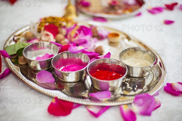 Silver tray of sauces on table