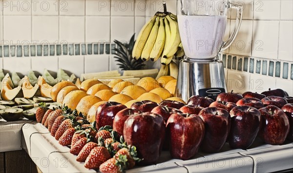 Fruits and blender in kitchen counter