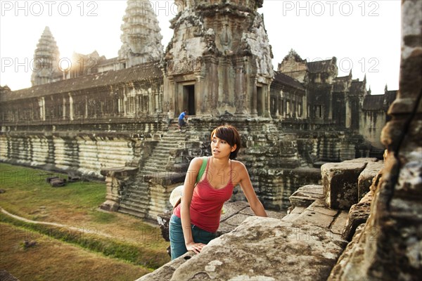 Woman visiting ancient temple