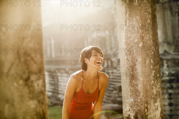 Woman visiting ancient temple