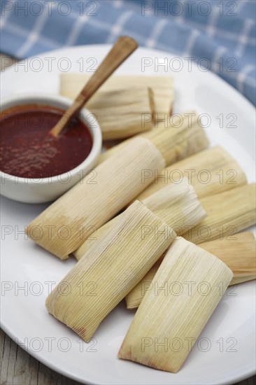Close up of corn tamales and red sauce on plate