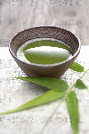 Close up of Japanese green Matcha tea and bamboo sprig