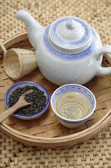 Chinese gunpowder tea service on tray