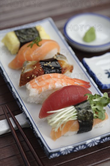 Close up of Nigiri sushi and wasabi