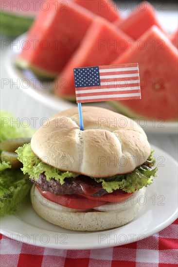 Watermelon and hamburger with American flag decoration