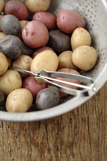 Peeler in colander with multicolored potatoes