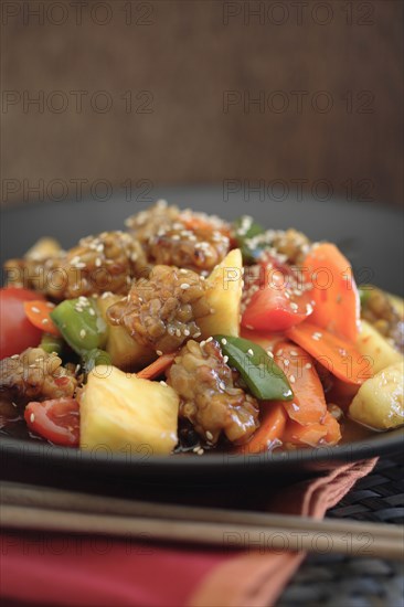 Soy tempeh stir fry on plate