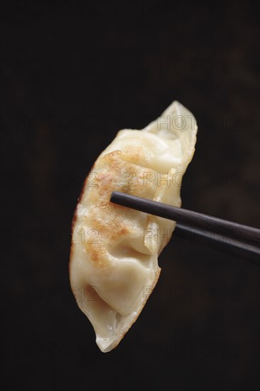 Chopsticks holding Asian dumpling