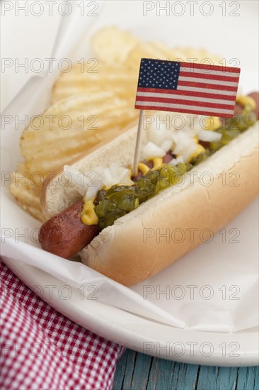 Close up of hot dog with American flag