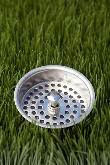 Close up of sink strainer in grass