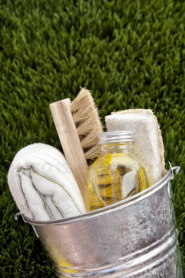 Bucket of cleaning supplies in grass