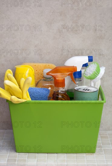 Bucket of cleaning supplies in bathroom