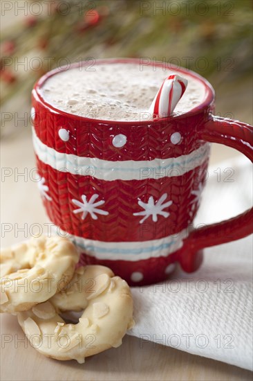 Close up of cookies and mug of hot chocolate