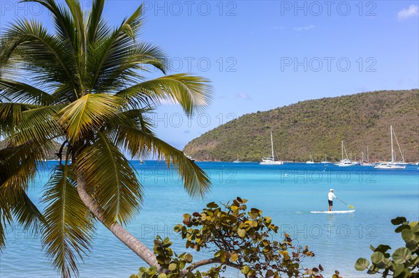 Caucasian tourist using paddle board in tropical ocean