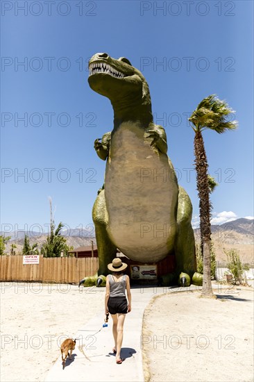 Caucasian woman walking dog near giant dinosaur statue