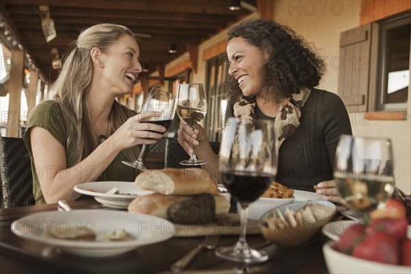 Friends having lunch and drinking wine together