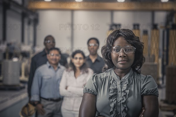 Workers standing together in factory