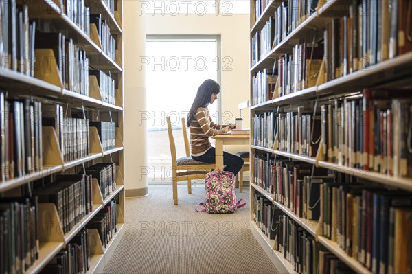 Student working at desk in library