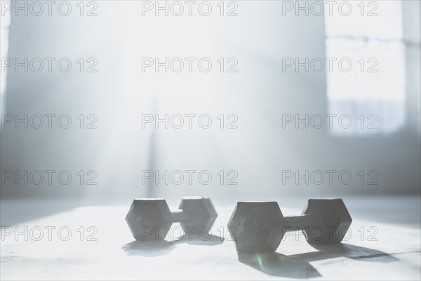 Dumbbell weights on floor in sunlight