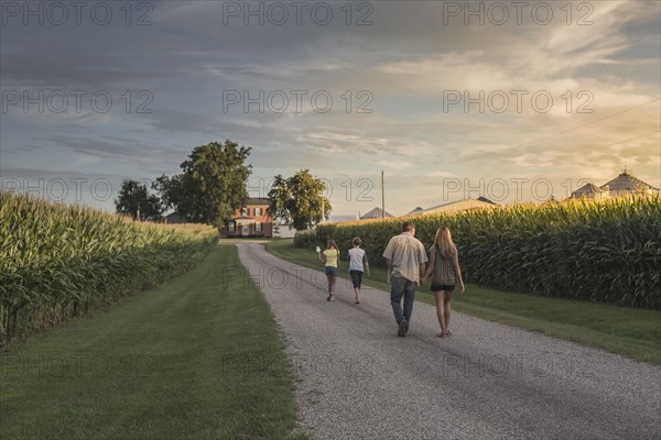 Caucasian family walking on dirt path by corn field