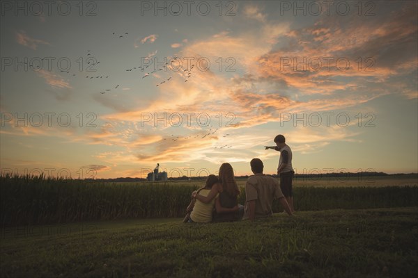 Caucasian family admiring corn fields at sunset