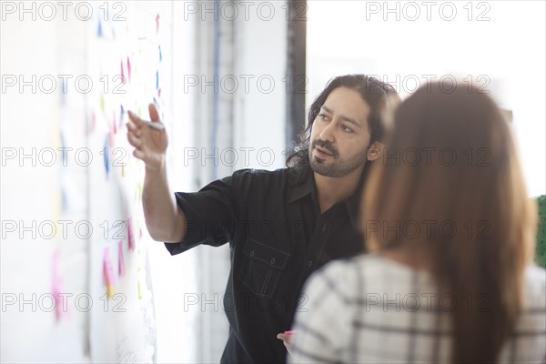 Business people using adhesive notes in office
