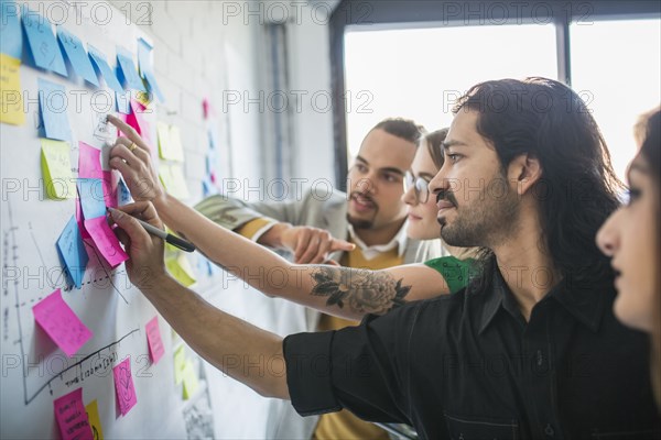 Business people using adhesive notes in office