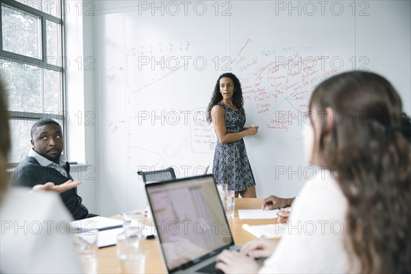 Businesswoman talking at whiteboard in meeting