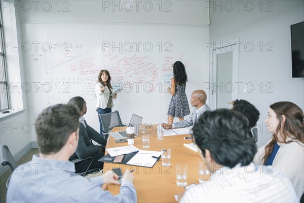 Businesswoman talking at whiteboard in meeting