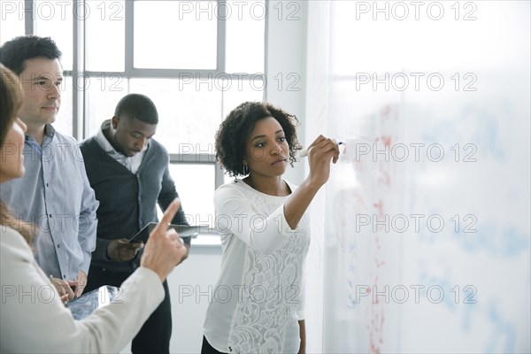 Businesswoman writing on whiteboard in meeting