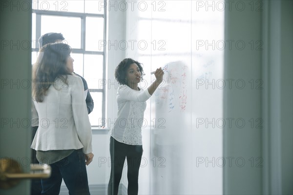 Businesswoman writing on whiteboard in meeting