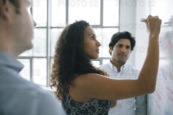 Businesswoman writing on whiteboard in meeting