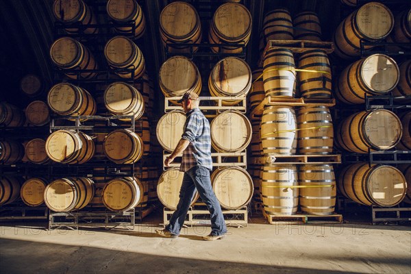 Caucasian man walking near barrels in distillery