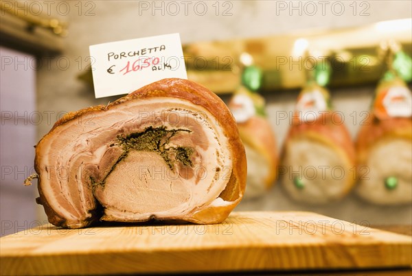 Close up of stuffed Italian porchetta